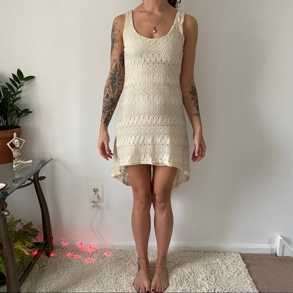 Cream lace dress with built in slip and Hi-low hem